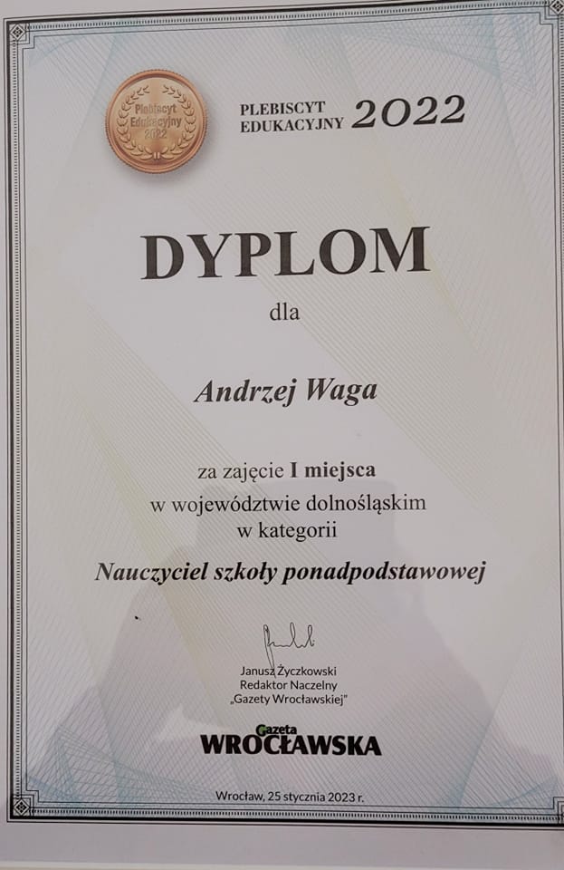 Wyróżnienie dla Andrzeja Wagi, Zespół Szkół Politechnicznych w Głogowie